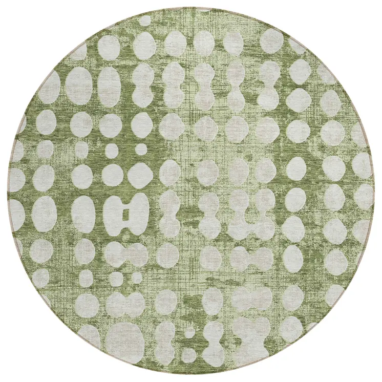 8' Artichoke Green And Ivory Round Abstract Washable Indoor Outdoor Area Rug