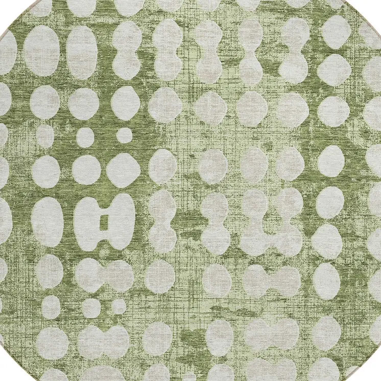 8' Artichoke Green And Ivory Round Abstract Washable Indoor Outdoor Area Rug