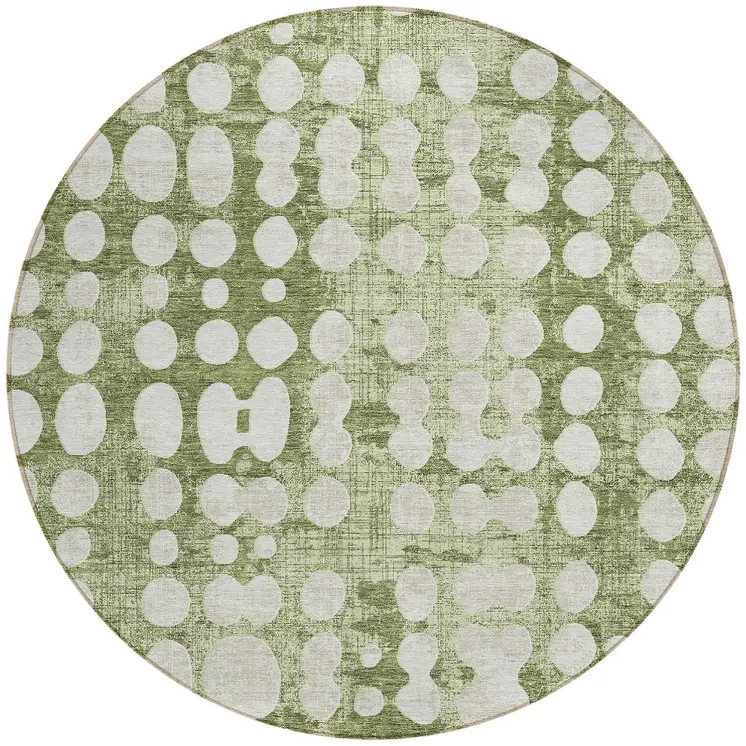8' Artichoke Green And Ivory Round Abstract Washable Indoor Outdoor Area Rug