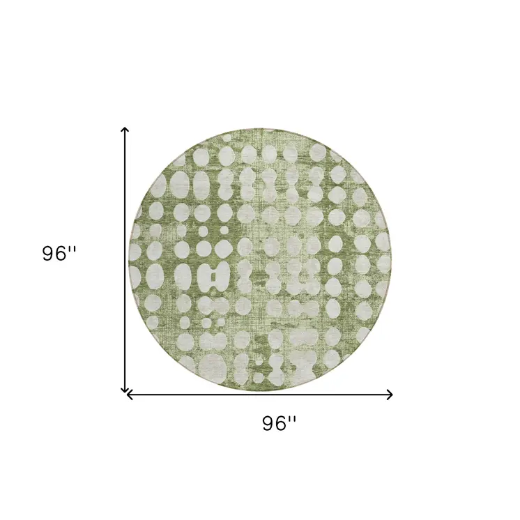 8' Artichoke Green And Ivory Round Abstract Washable Indoor Outdoor Area Rug