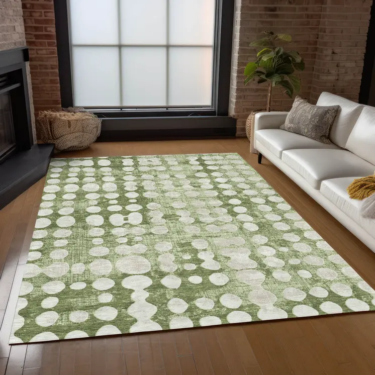 9' X 12' Artichoke Green And Ivory Abstract Washable Indoor Outdoor Area Rug