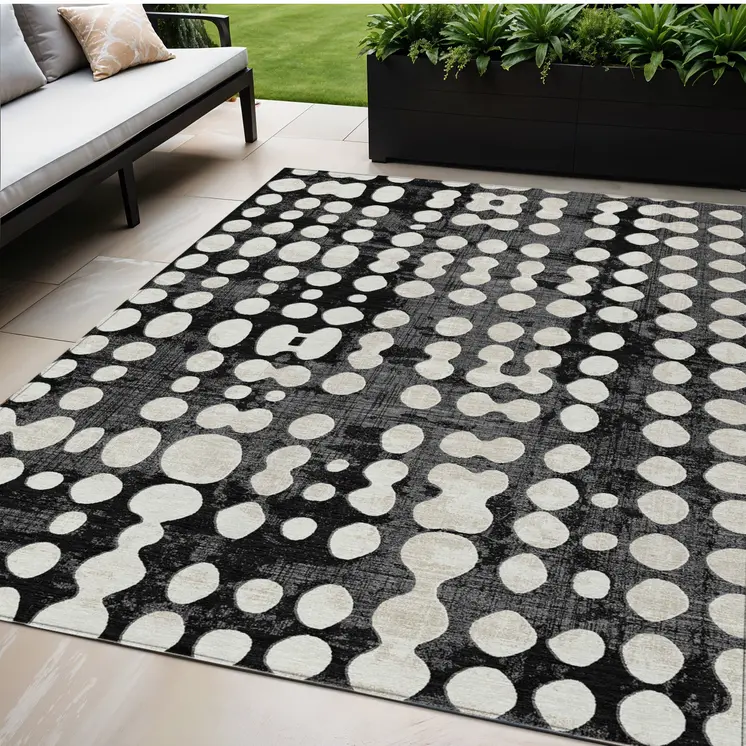 5' X 8' Black And Ivory Abstract Washable Indoor Outdoor Area Rug