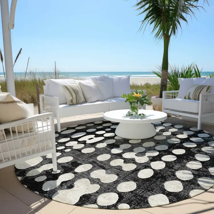 8' Black And Ivory Round Abstract Washable Indoor Outdoor Area Rug