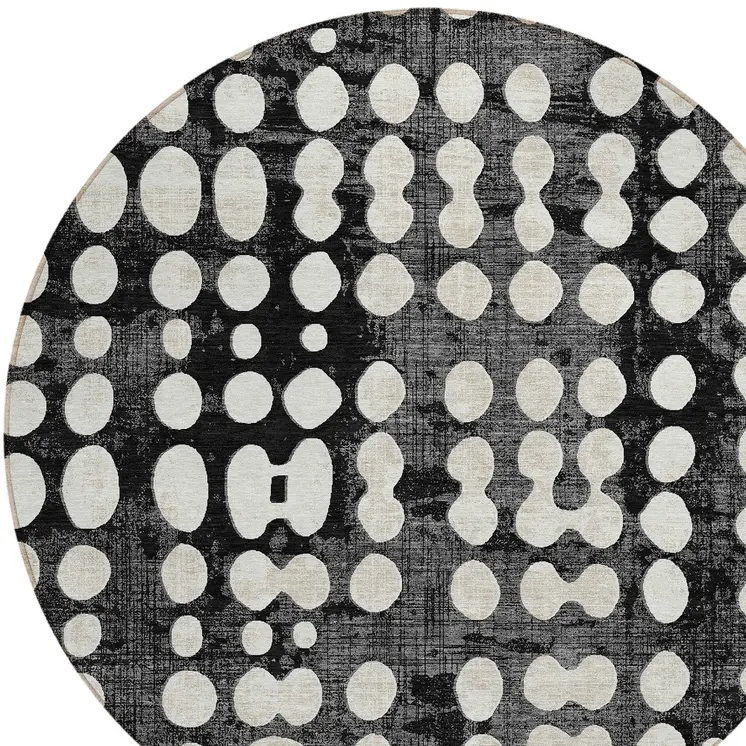 8' Black And Ivory Round Abstract Washable Indoor Outdoor Area Rug