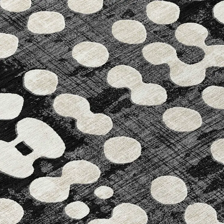 8' Black And Ivory Round Abstract Washable Indoor Outdoor Area Rug