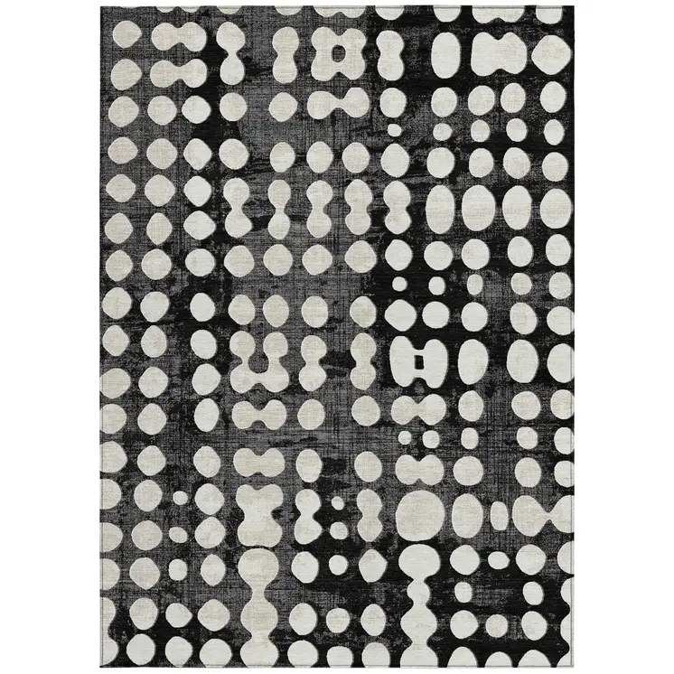 8' X 10' Black And Ivory Abstract Washable Indoor Outdoor Area Rug