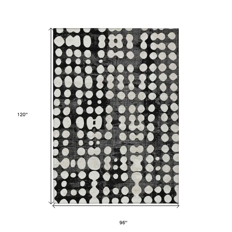 8' X 10' Black And Ivory Abstract Washable Indoor Outdoor Area Rug