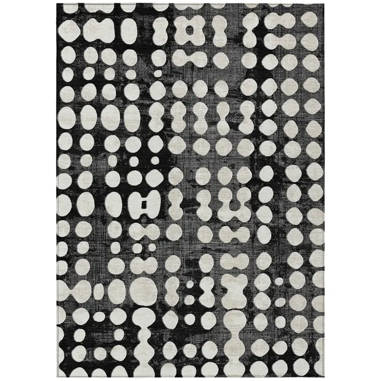 8' X 10' Black And Ivory Abstract Washable Indoor Outdoor Area Rug