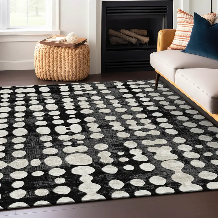 8' X 10' Black And Ivory Abstract Washable Indoor Outdoor Area Rug