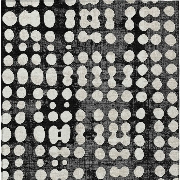 9' X 12' Black And Ivory Abstract Washable Indoor Outdoor Area Rug