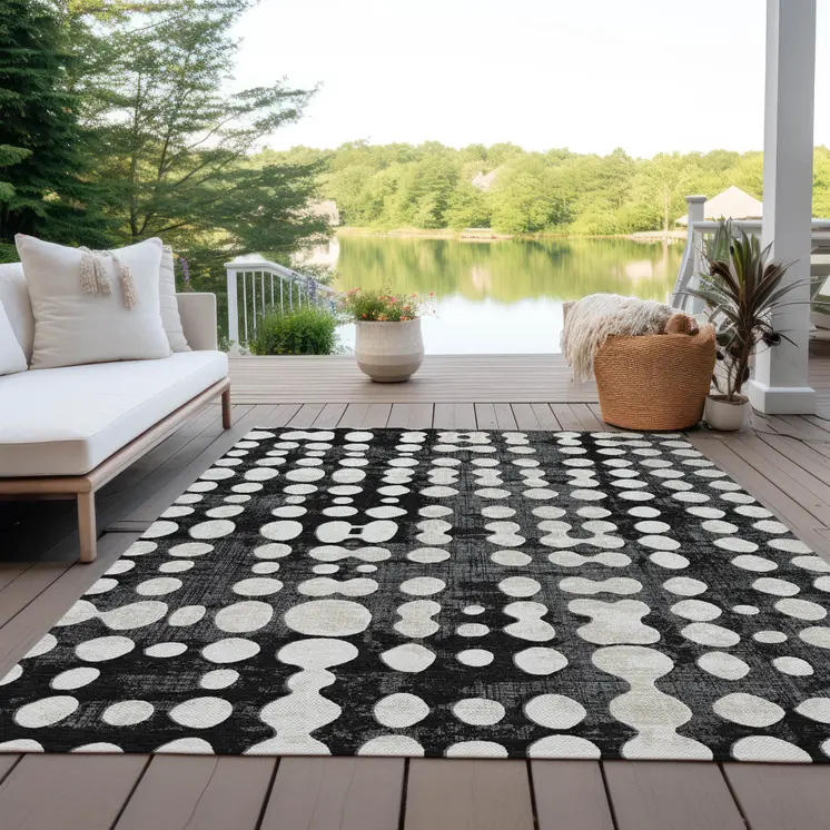 9' X 12' Black And Ivory Abstract Washable Indoor Outdoor Area Rug