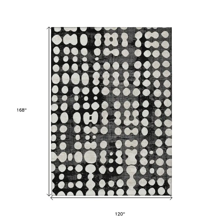 10' X 14' Black And Ivory Abstract Washable Indoor Outdoor Area Rug
