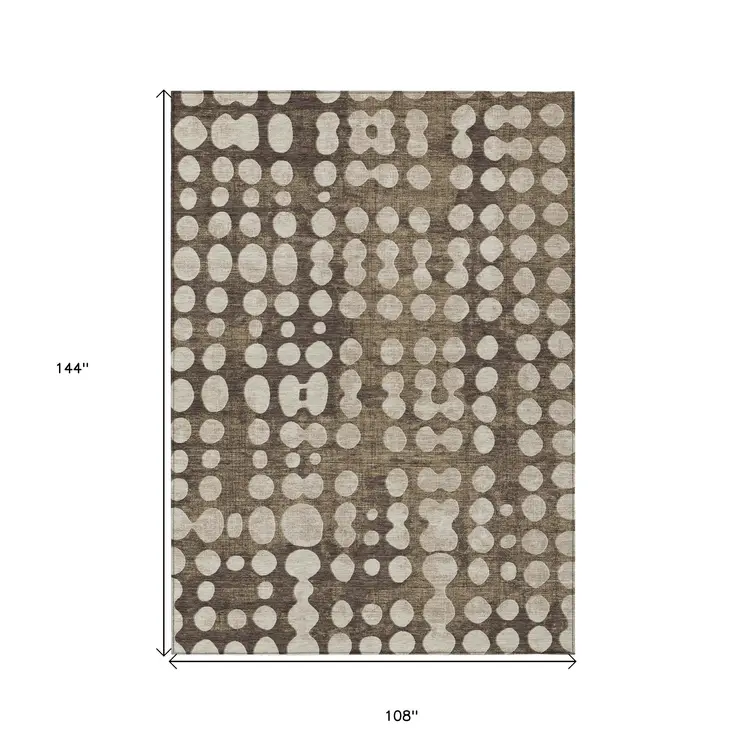 9' X 12' Brown And Beige Abstract Washable Indoor Outdoor Area Rug