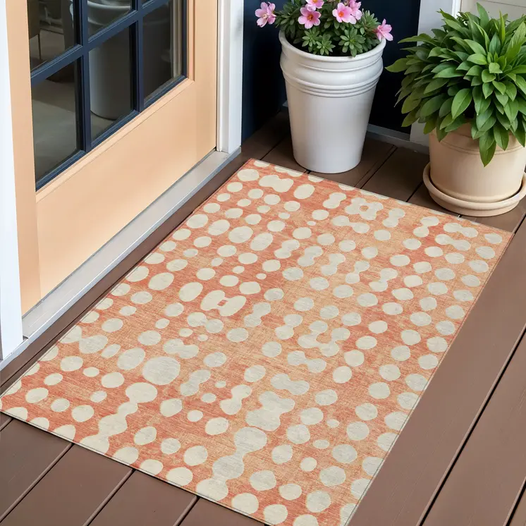 3' X 5' Coral And Ivory Abstract Washable Indoor Outdoor Area Rug