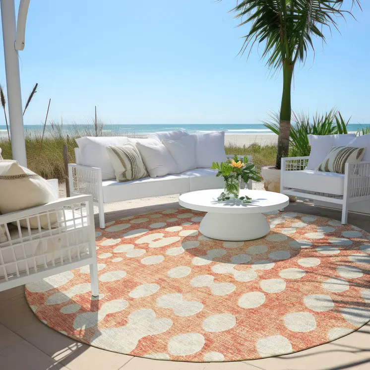 8' Coral And Ivory Round Abstract Washable Indoor Outdoor Area Rug