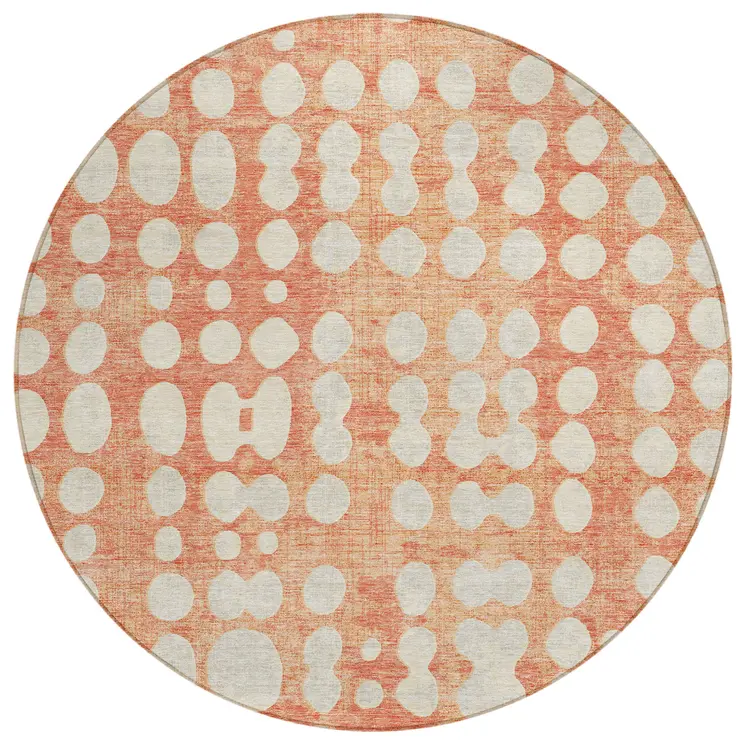 8' Coral And Ivory Round Abstract Washable Indoor Outdoor Area Rug
