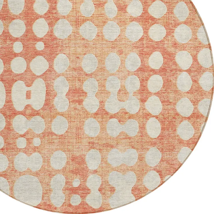 8' Coral And Ivory Round Abstract Washable Indoor Outdoor Area Rug