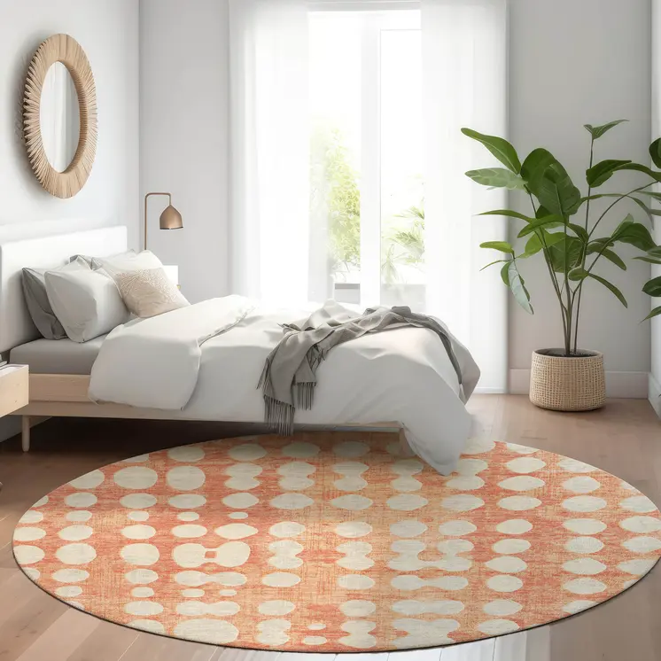 8' Coral And Ivory Round Abstract Washable Indoor Outdoor Area Rug
