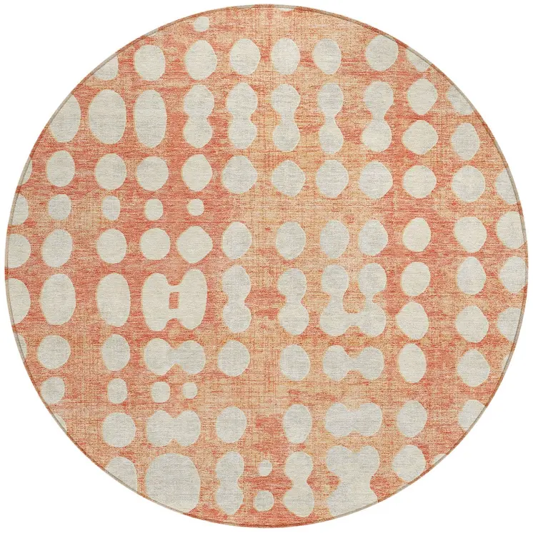 8' Coral And Ivory Round Abstract Washable Indoor Outdoor Area Rug