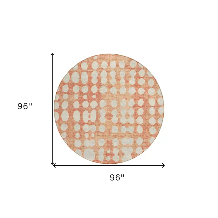 8' Coral And Ivory Round Abstract Washable Indoor Outdoor Area Rug