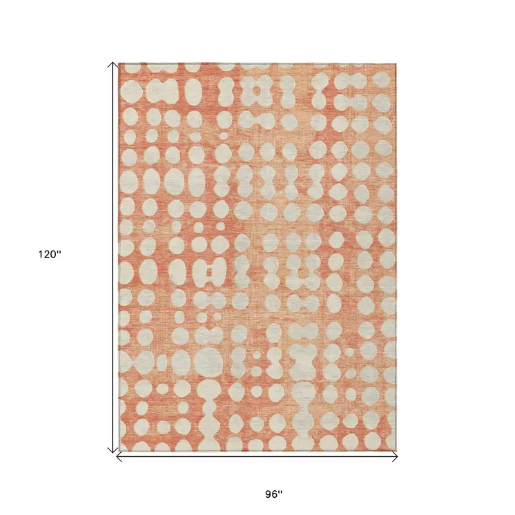 8' X 10' Coral And Ivory Abstract Washable Indoor Outdoor Area Rug