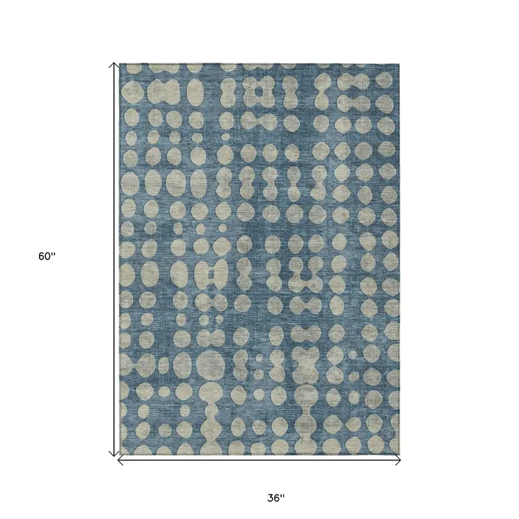 3' X 5' Denim Blue And Gray Abstract Washable Indoor Outdoor Area Rug