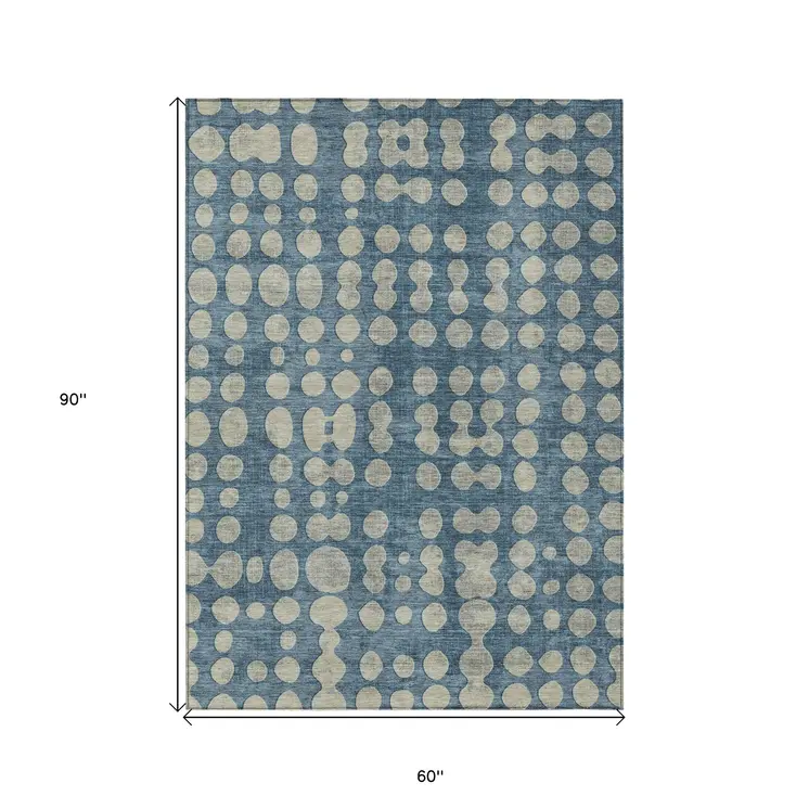 5' X 8' Denim Blue And Gray Abstract Washable Indoor Outdoor Area Rug