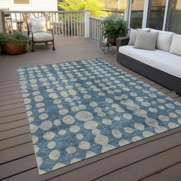 5' X 8' Denim Blue And Gray Abstract Washable Indoor Outdoor Area Rug