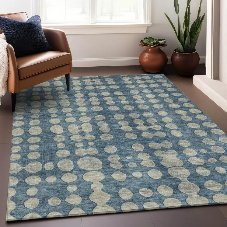 5' X 8' Denim Blue And Gray Abstract Washable Indoor Outdoor Area Rug