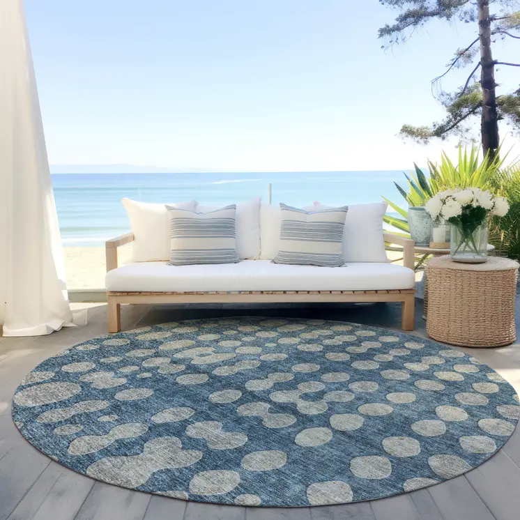 8' Denim Blue And Gray Round Abstract Washable Indoor Outdoor Area Rug