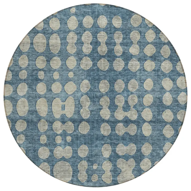 8' Denim Blue And Gray Round Abstract Washable Indoor Outdoor Area Rug