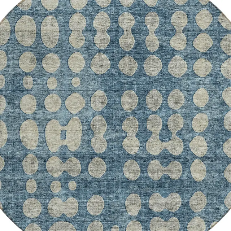 8' Denim Blue And Gray Round Abstract Washable Indoor Outdoor Area Rug