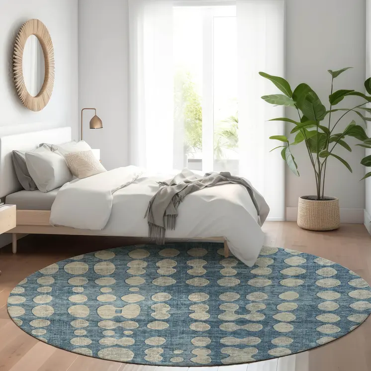 8' Denim Blue And Gray Round Abstract Washable Indoor Outdoor Area Rug