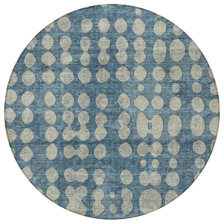8' Denim Blue And Gray Round Abstract Washable Indoor Outdoor Area Rug