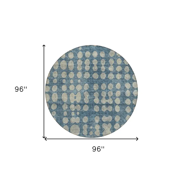 8' Denim Blue And Gray Round Abstract Washable Indoor Outdoor Area Rug