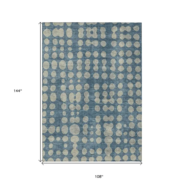 9' X 12' Denim Blue And Gray Abstract Washable Indoor Outdoor Area Rug