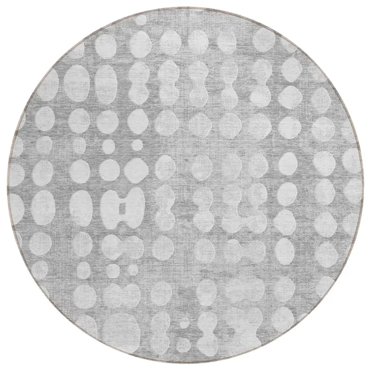 8' Gray And Ivory Round Abstract Washable Indoor Outdoor Area Rug