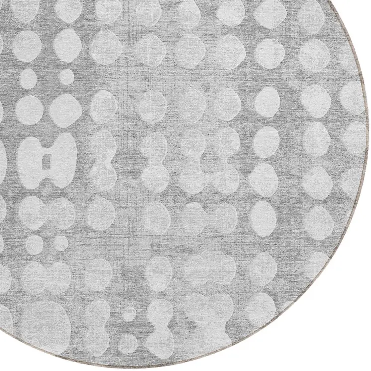8' Gray And Ivory Round Abstract Washable Indoor Outdoor Area Rug