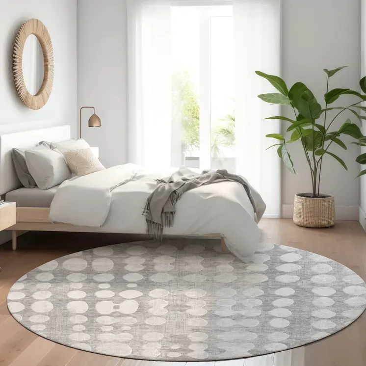 8' Gray And Ivory Round Abstract Washable Indoor Outdoor Area Rug