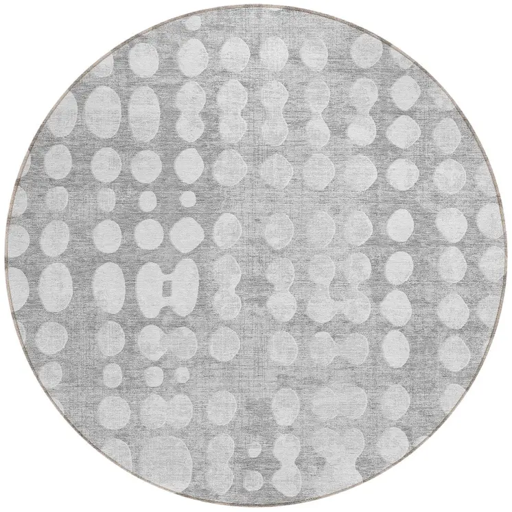 8' Gray And Ivory Round Abstract Washable Indoor Outdoor Area Rug