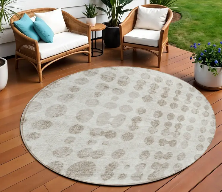 8' Ivory And Beige Round Abstract Washable Indoor Outdoor Area Rug
