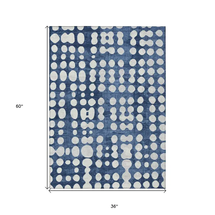 3' X 5' Navy Blue And Ivory Abstract Washable Indoor Outdoor Area Rug