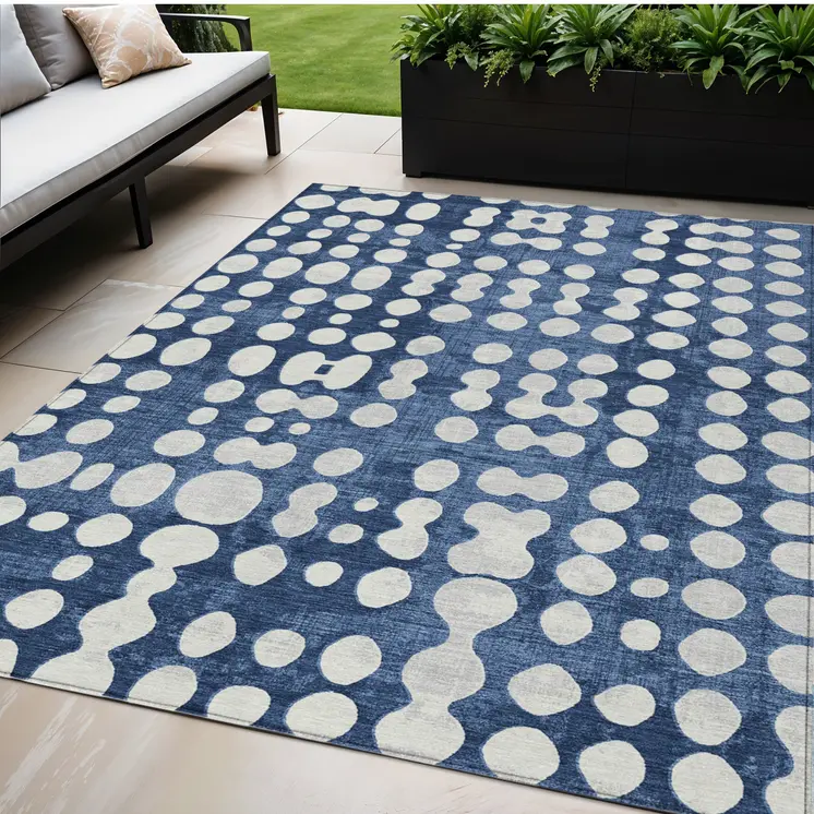 5' X 8' Navy Blue And Ivory Abstract Washable Indoor Outdoor Area Rug
