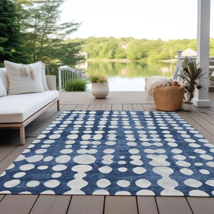 5' X 8' Navy Blue And Ivory Abstract Washable Indoor Outdoor Area Rug
