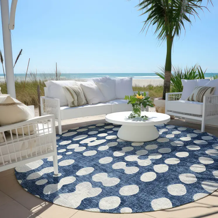 8' Navy Blue And Ivory Round Abstract Washable Indoor Outdoor Area Rug
