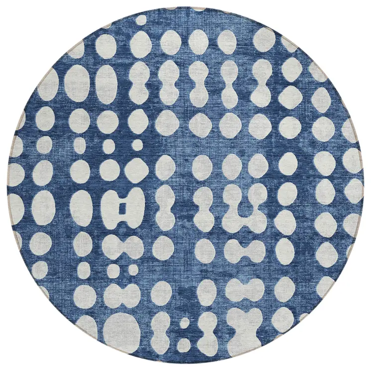 8' Navy Blue And Ivory Round Abstract Washable Indoor Outdoor Area Rug