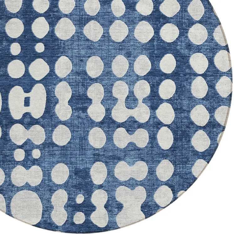 8' Navy Blue And Ivory Round Abstract Washable Indoor Outdoor Area Rug