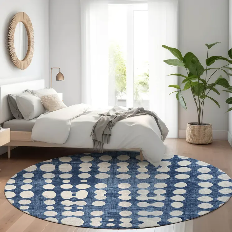 8' Navy Blue And Ivory Round Abstract Washable Indoor Outdoor Area Rug