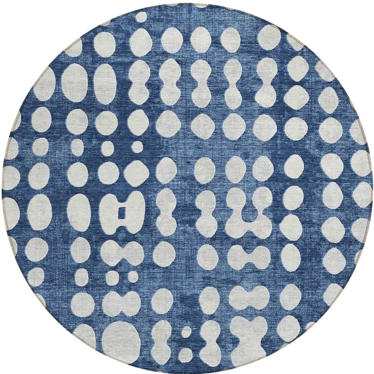 8' Navy Blue And Ivory Round Abstract Washable Indoor Outdoor Area Rug