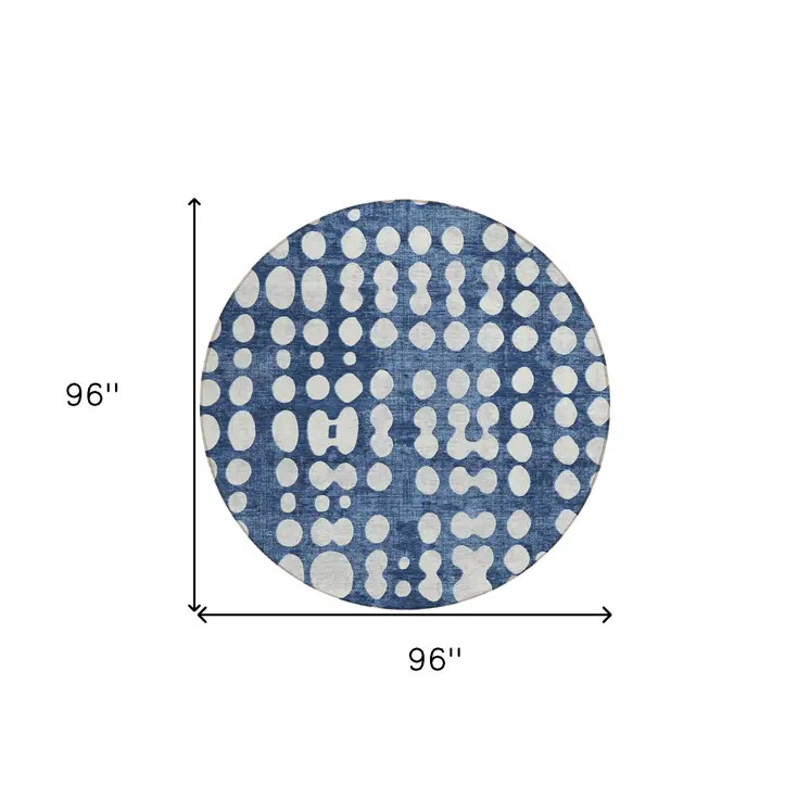 8' Navy Blue And Ivory Round Abstract Washable Indoor Outdoor Area Rug